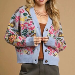 Umgee Floral Pattern Knit Cardigan Sweater Blue Pink Boho Boutique Size L NWT